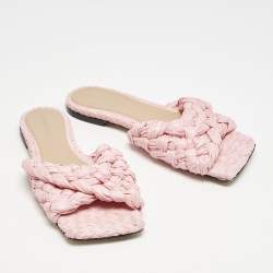 Bottega Veneta Pink Woven Raffia Stretch Flat Slides Size 36