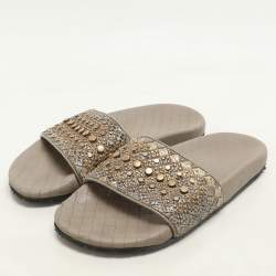 Bottega Veneta Brown/Grey Python Embellished Flat Slides Size 37