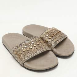 Bottega Veneta Brown/Grey Python Embellished Flat Slides Size 37