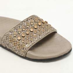 Bottega Veneta Brown/Grey Python Embellished Flat Slides Size 37