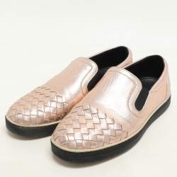 Pre Owned Bottega Veneta Rose Gold Intrecciato Leather Slip On Sneakers Size 37