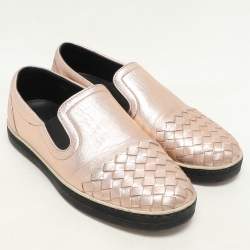 Pre Owned Bottega Veneta Rose Gold Intrecciato Leather Slip On Sneakers Size 37