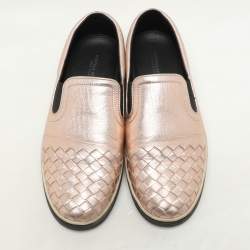 Pre Owned Bottega Veneta Rose Gold Intrecciato Leather Slip On Sneakers Size 37