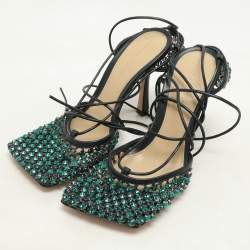 Bottega Veneta Green Leather and Mesh Stretch Embellished Ankle Wrap Sandals Size 37