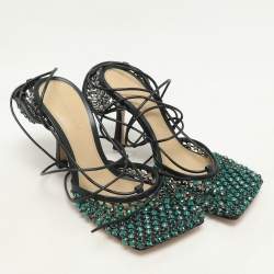 Bottega Veneta Green Leather and Mesh Stretch Embellished Ankle Wrap Sandals Size 37