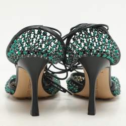 Bottega Veneta Green Leather and Mesh Stretch Embellished Ankle Wrap Sandals Size 37