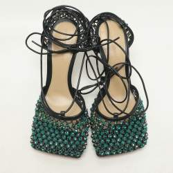 Bottega Veneta Green Leather and Mesh Stretch Embellished Ankle Wrap Sandals Size 37