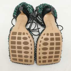 Bottega Veneta Green Leather and Mesh Stretch Embellished Ankle Wrap Sandals Size 37