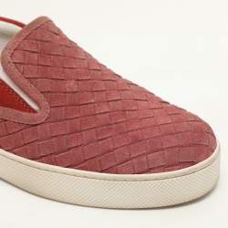 Pre Owned Bottega Veneta Burgundy/Brick Red Intrecciato Suede Dodger Slip On Sneakers 36