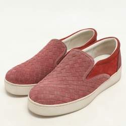 Pre Owned Bottega Veneta Burgundy/Brick Red Intrecciato Suede Dodger Slip On Sneakers 36