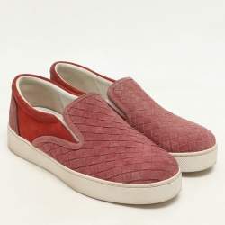 Pre Owned Bottega Veneta Burgundy/Brick Red Intrecciato Suede Dodger Slip On Sneakers 36