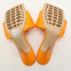 Pre Owned Bottega Veneta Orange Intrecciato Leather Lido Slide Sandals Size 36.5