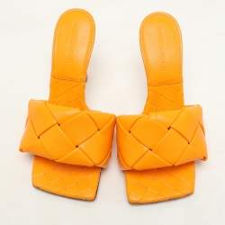 Pre Owned Bottega Veneta Orange Intrecciato Leather Lido Slide Sandals Size 36.5