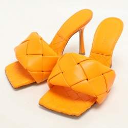 Pre Owned Bottega Veneta Orange Intrecciato Leather Lido Slide Sandals Size 36.5