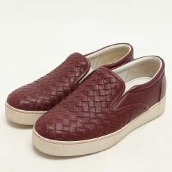 Pre Owned Bottega Veneta Burgundy Intrecciato Leather Dodger Slip On Sneakers 36