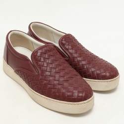 Pre Owned Bottega Veneta Burgundy Intrecciato Leather Dodger Slip On Sneakers 36
