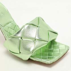 Pre Owned Bottega Veneta Metallic Green Intrecciato Leather Lido Slide Sandals Size 37