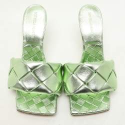 Pre Owned Bottega Veneta Metallic Green Intrecciato Leather Lido Slide Sandals Size 37