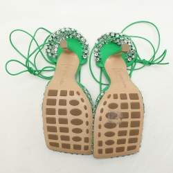 Bottega Veneta Green Leather And Cotton Mesh Sparkle Stretch Ankle Wrap Sandals Size 37