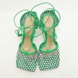 Bottega Veneta Green Leather And Cotton Mesh Sparkle Stretch Ankle Wrap Sandals Size 37