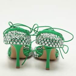Bottega Veneta Green Leather And Cotton Mesh Sparkle Stretch Ankle Wrap Sandals Size 37