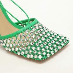 Bottega Veneta Green Leather And Cotton Mesh Sparkle Stretch Ankle Wrap Sandals Size 37