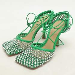 Bottega Veneta Green Leather And Cotton Mesh Sparkle Stretch Ankle Wrap Sandals Size 37