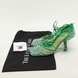 Bottega Veneta Green Leather And Cotton Mesh Sparkle Stretch Ankle Wrap Sandals Size 37