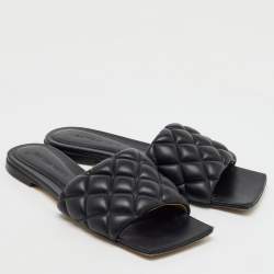Bottega Veneta Black Quilted Leather Lido Flat Slide Sandals Size 36