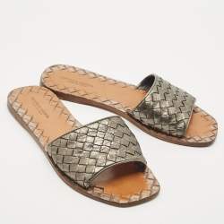 Bottega Veneta Metallic Intrecciato Leather Ravello Flat Slides Size 36
