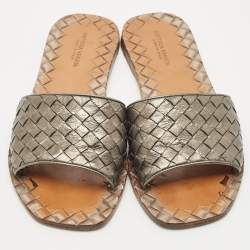 Bottega Veneta Metallic Intrecciato Leather Ravello Flat Slides Size 36