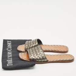 Bottega Veneta Metallic Intrecciato Leather Ravello Flat Slides Size 36