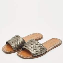 Bottega Veneta Metallic Intrecciato Leather Ravello Flat Slides Size 36