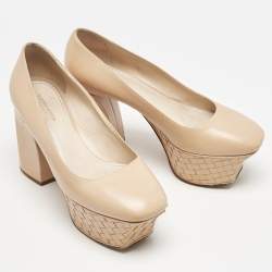 Bottega Veneta Beige Leather Intrecciato Platform Pumps Size 38