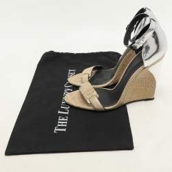 Bottega Veneta Silver Foil Leather and Karung Leather Ankle Strap Wedge Sandals Size 40