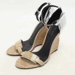 Bottega Veneta Silver Foil Leather and Karung Leather Ankle Strap Wedge Sandals Size 40