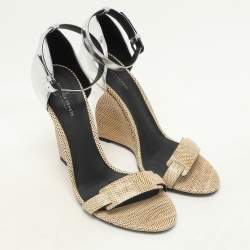 Bottega Veneta Silver Foil Leather and Karung Leather Ankle Strap Wedge Sandals Size 40