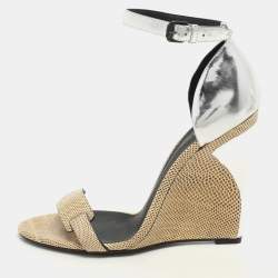 Bottega Veneta Silver Foil Leather and Karung Leather Ankle Strap Wedge Sandals Size 40