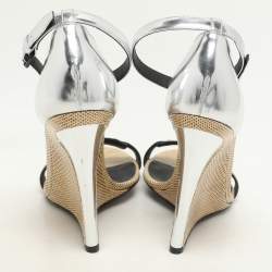 Bottega Veneta Silver Foil Leather and Karung Leather Ankle Strap Wedge Sandals Size 40