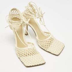 Bottega Veneta Cream Crochet and Leather Stretch Ankle Wrap Sandals Size 39.5