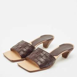 Bottega Veneta Dark Brown Leather Intrecciato Slide Sandals Size 37