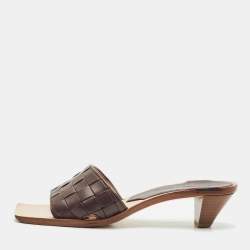 Bottega Veneta Dark Brown Leather Intrecciato Slide Sandals Size 37
