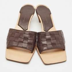 Bottega Veneta Dark Brown Leather Intrecciato Slide Sandals Size 37