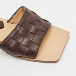 Bottega Veneta Dark Brown Leather Intrecciato Slide Sandals Size 37