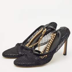 Bottega Veneta Black Mesh and Leather Chunky Chain Ankle Strap Pumps Size 38