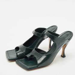 مملوكة مسبقًا Bottega Veneta Dark Green Leather Square Toe Slide Sandals Size 39