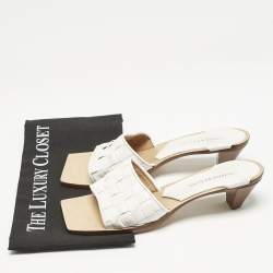 Bottega Veneta White Intrecciato Leather Square Toe Slide Sandals Size 38