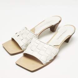 Bottega Veneta White Intrecciato Leather Square Toe Slide Sandals Size 38