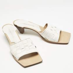 Bottega Veneta White Intrecciato Leather Square Toe Slide Sandals Size 38