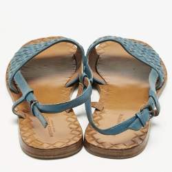 Pre Owned Bottega Veneta Blue Intrecciato Leather Slingback Open Toe Flat Sandals Size 39.5